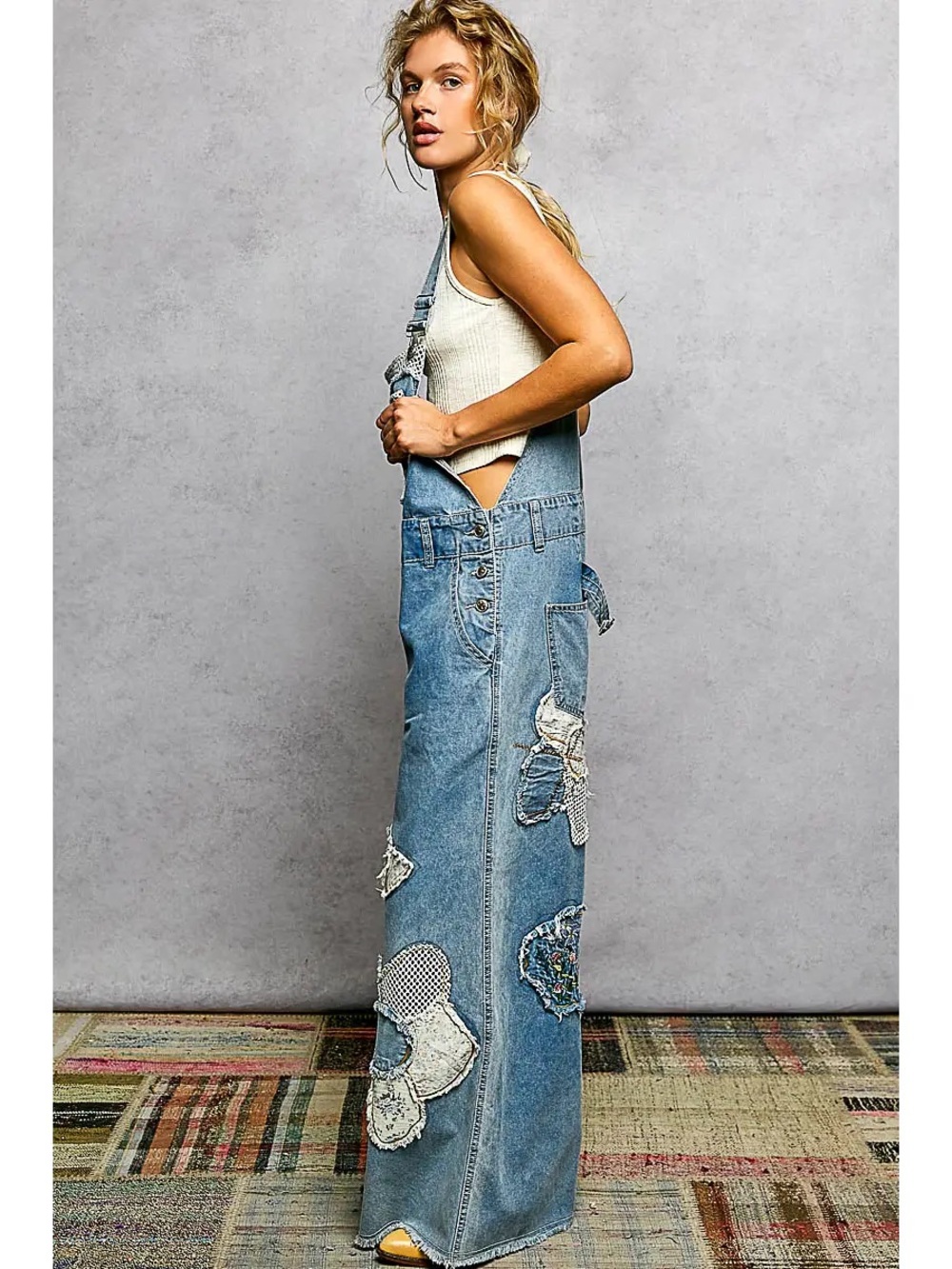 POL Embroidery Floral Patchwork Buckle Back Woven Denim Overalls - NWT - S M L - Picture 4 of 4